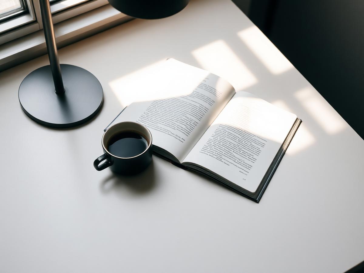 Open notebook and coffee on a minimal desk in warm light